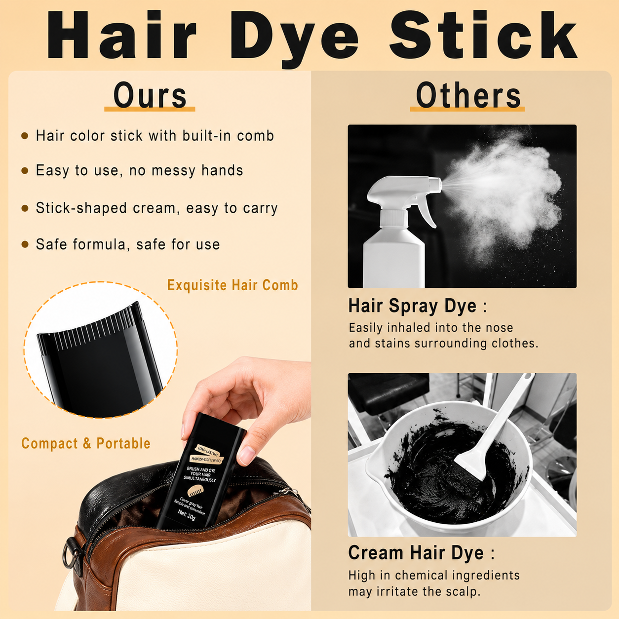 2 in 1 Hair Color Stick Comb | Instant Gray Hair Cover Touch Up Stick for Men & Women