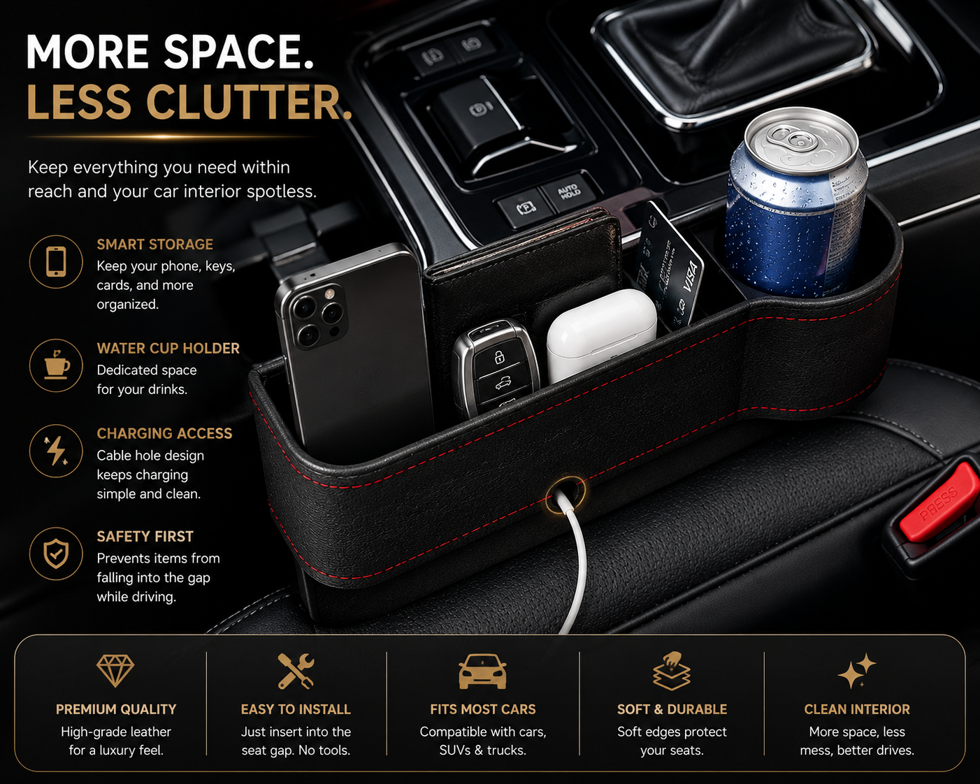 Premium Car Seat Gap Organizer – Extra Storage, Cup Holder & Phone Slot for Cars